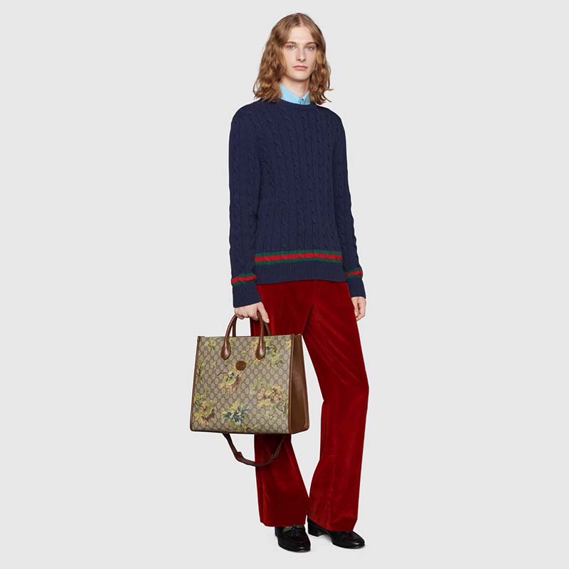 Gucci Unisex Medium Tote Carnation Print Beige Ebony GG Supreme Canvas