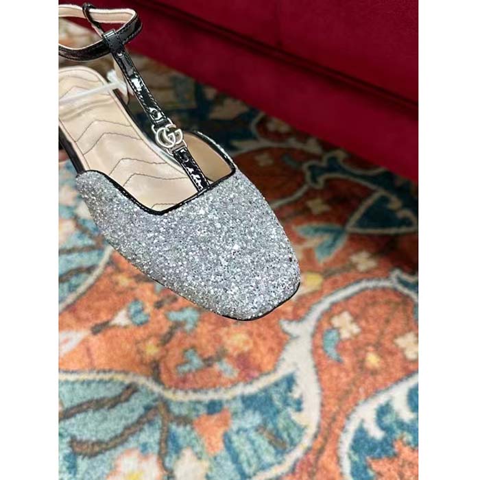 Gucci Women GG Double G Ballet Flat Black Glitter Leather Square Toe 1.5 CM Heel