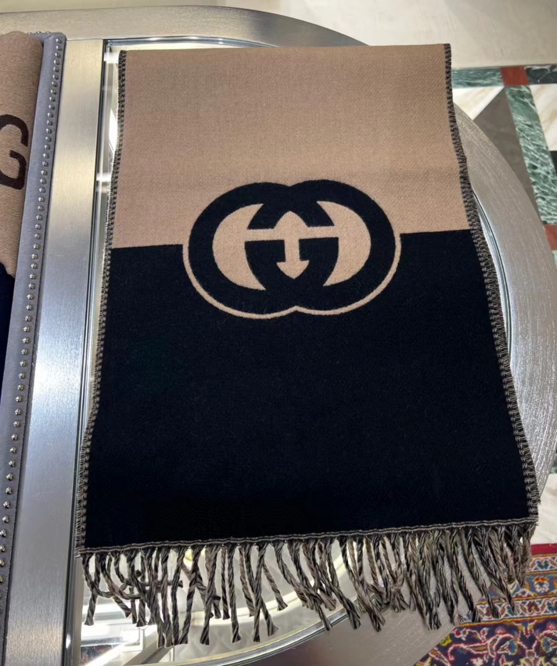 Gucci Unisex GG Wool Interlocking G Scarf Pink Black Wool Fringe Trim