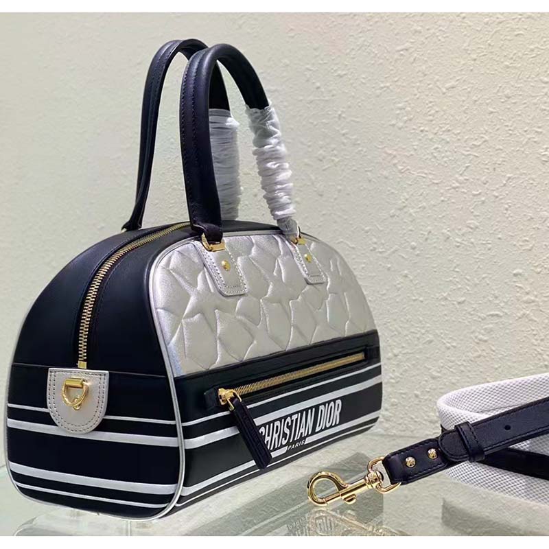 Dior Women CD Medium Vibe Zip Bowling Bag Black Silver Padded Étoile Calfskin