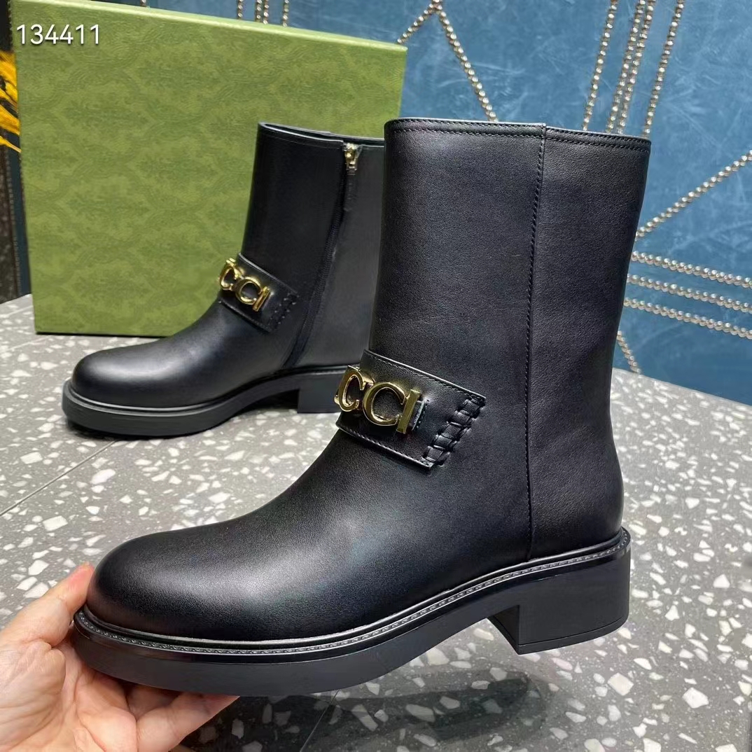 Gucci Women GG Gucci Boot Black Leather Rubber Sole Mid 8.9 CM Heel