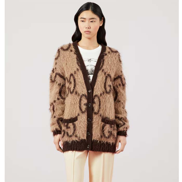 Gucci Women Reversible GG Mohair Wool Cardigan Brushed GG Jacquard Blend V-Neck Front Pockets