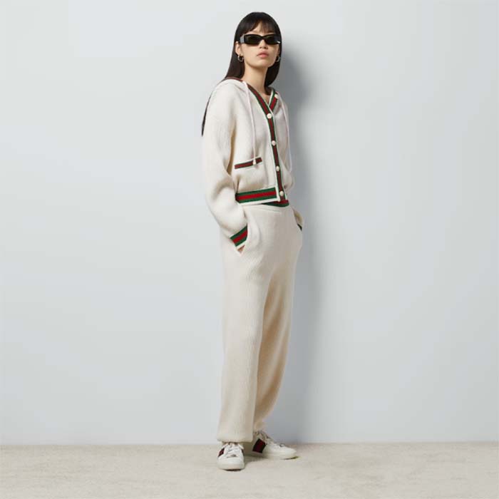 Gucci Women Rib Stitch Wool Cardigan Web Fixed Hood Drawstring Dropped Shoulder Long Sleeves