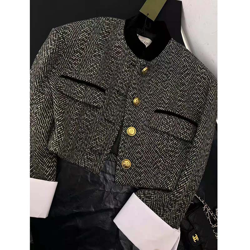 Gucci Women GG Check Tweed Jacket with Double G Buttons