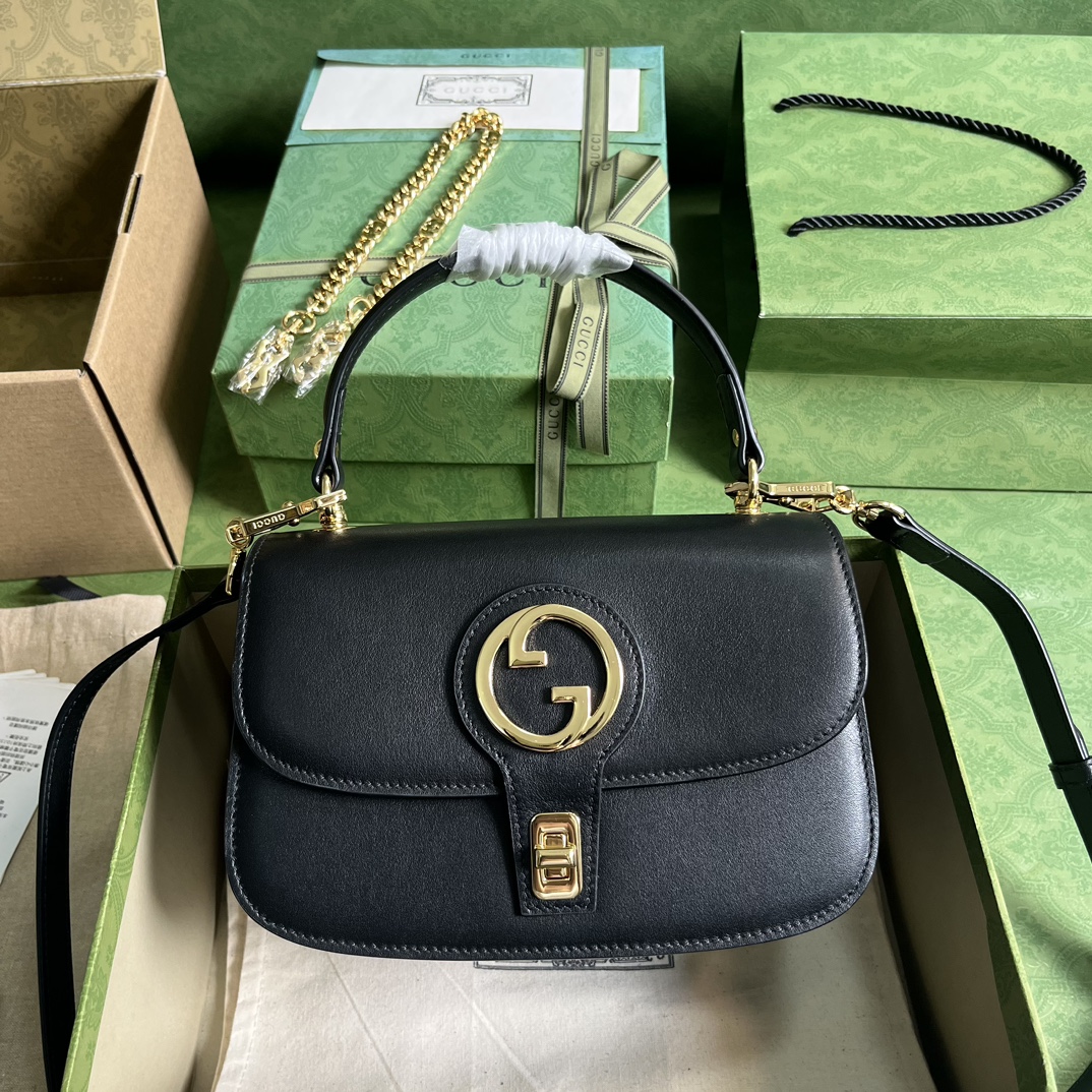 Gucci Women GG Blondie Top-Handle Bag Black Leather Round Interlocking G