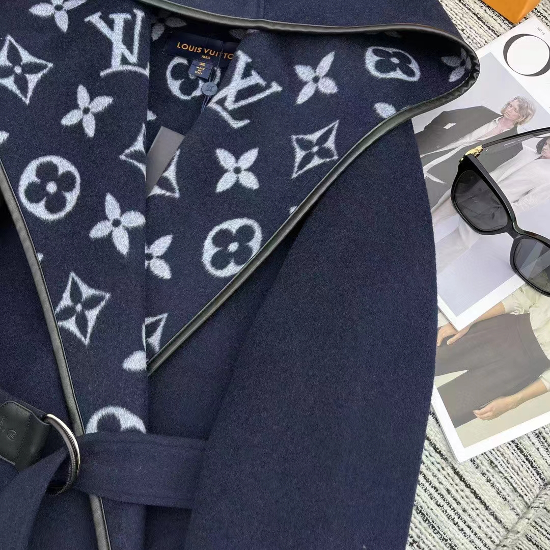 Louis Vuitton LV Women Signature Hooded Wrap Coat Wool Silk Night Blue Regular Fit