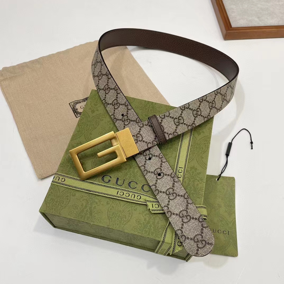 Gucci GG Unisex Reversible Belt Square G Buckle Beige Ebony GG Supreme Canvas