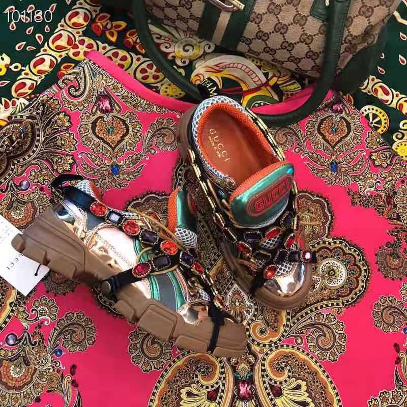 Gucci Women Flashtrek Sneaker with Removable Crystals 5.6cm Height-Brown