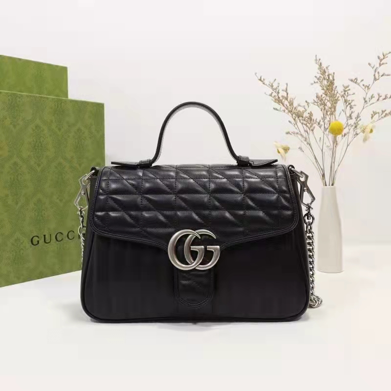 Gucci Unisex GG Marmont Small Top Handle Bag Black Matelassé Leather Double G