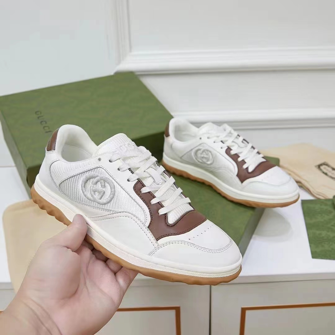 Gucci Unisex GG MAC80 Sneaker Off White Brown Leather Round Toe Rubber Flat