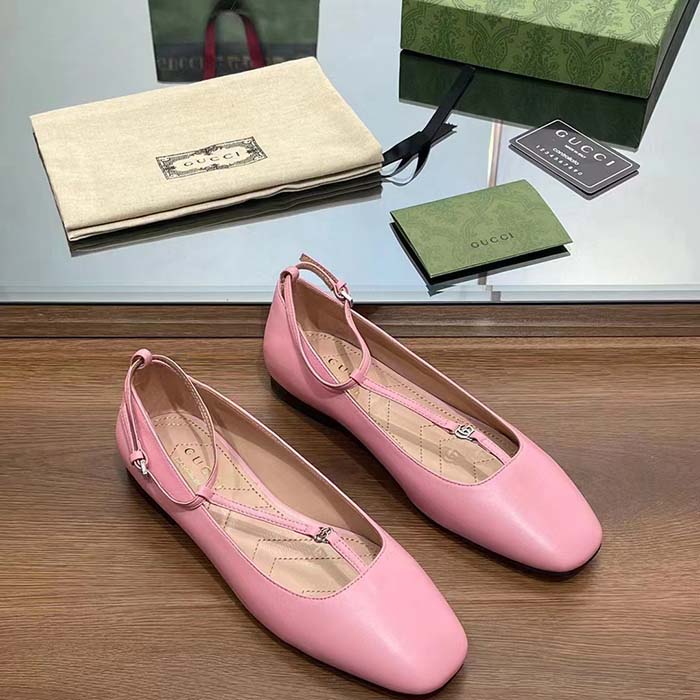 Gucci Women GG Ballet Flat Double G Pink Leather Sole Flat 1 Cm Heel