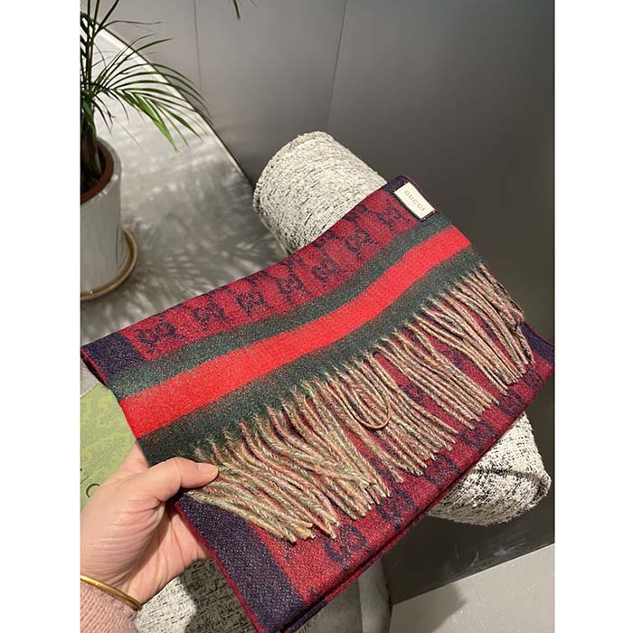 Gucci Unisex GG Jacquard Cotton Stole Red Blue Fringe