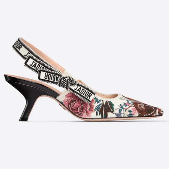 Dior Women CD J’Adior Slingback Pump White Multicolor Jardin D’Hiver Embroidered Cotton