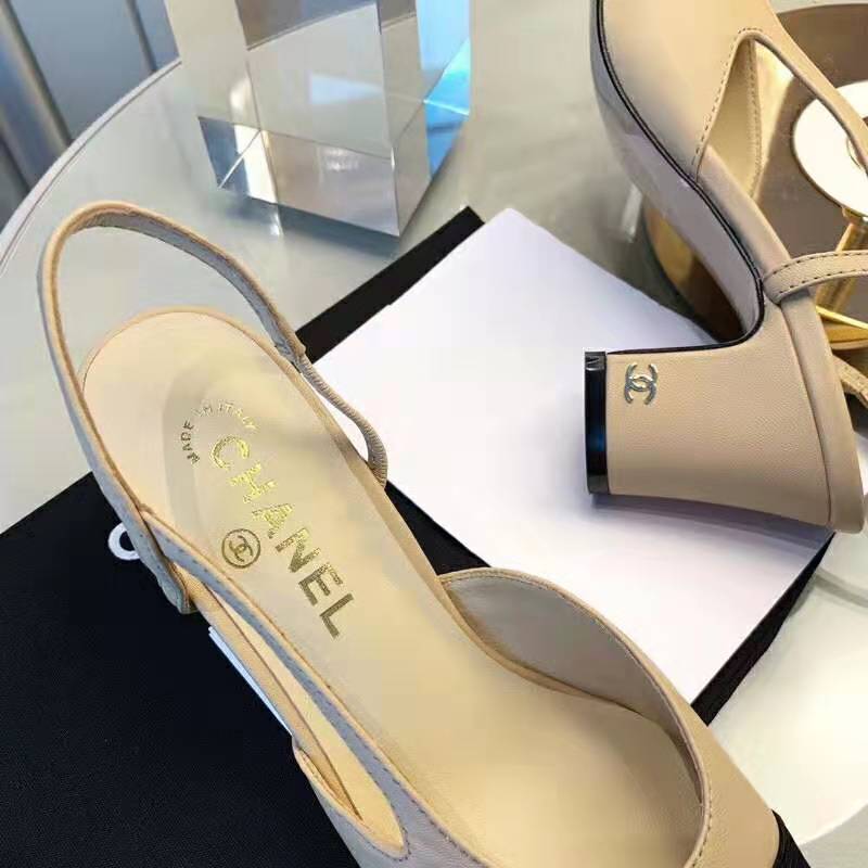 Chanel Women Slingbacks in Goatskin & Grosgrain 6.7 cm Heel-Sandy