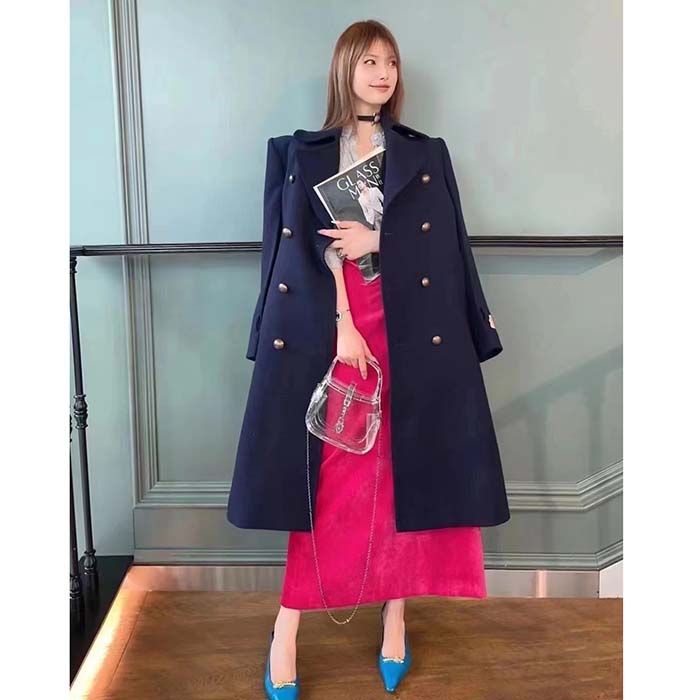 Gucci Women GG Felt Wool Coat Dark Navy Metal Buttons Gucci Cities Label Fully Lined