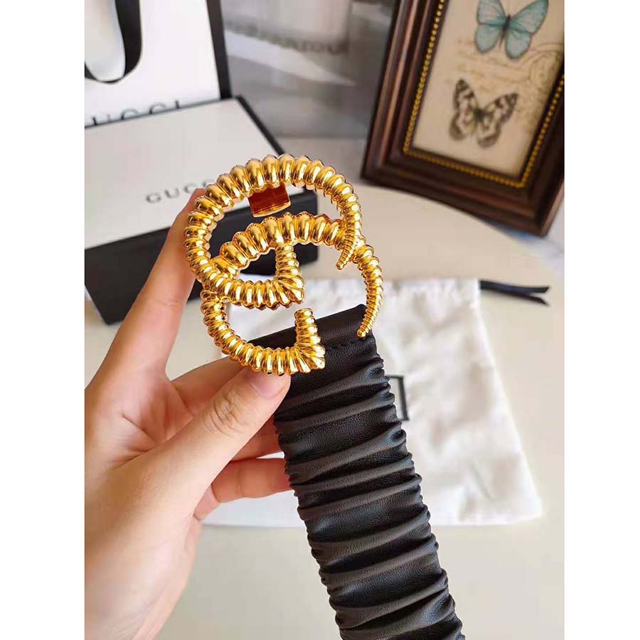 Gucci Unisex Belt with Torchon Double G Buckle in Black Leather