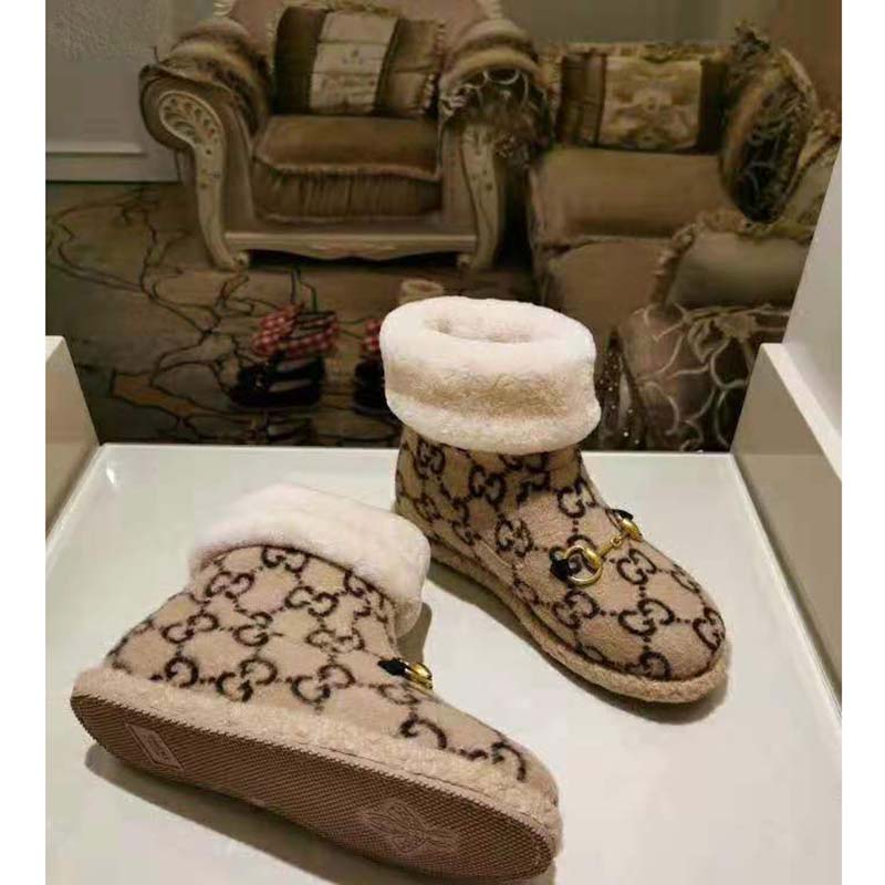 Gucci Unisex GG Wool Ankle Boot in Textured Fabrics-Beige