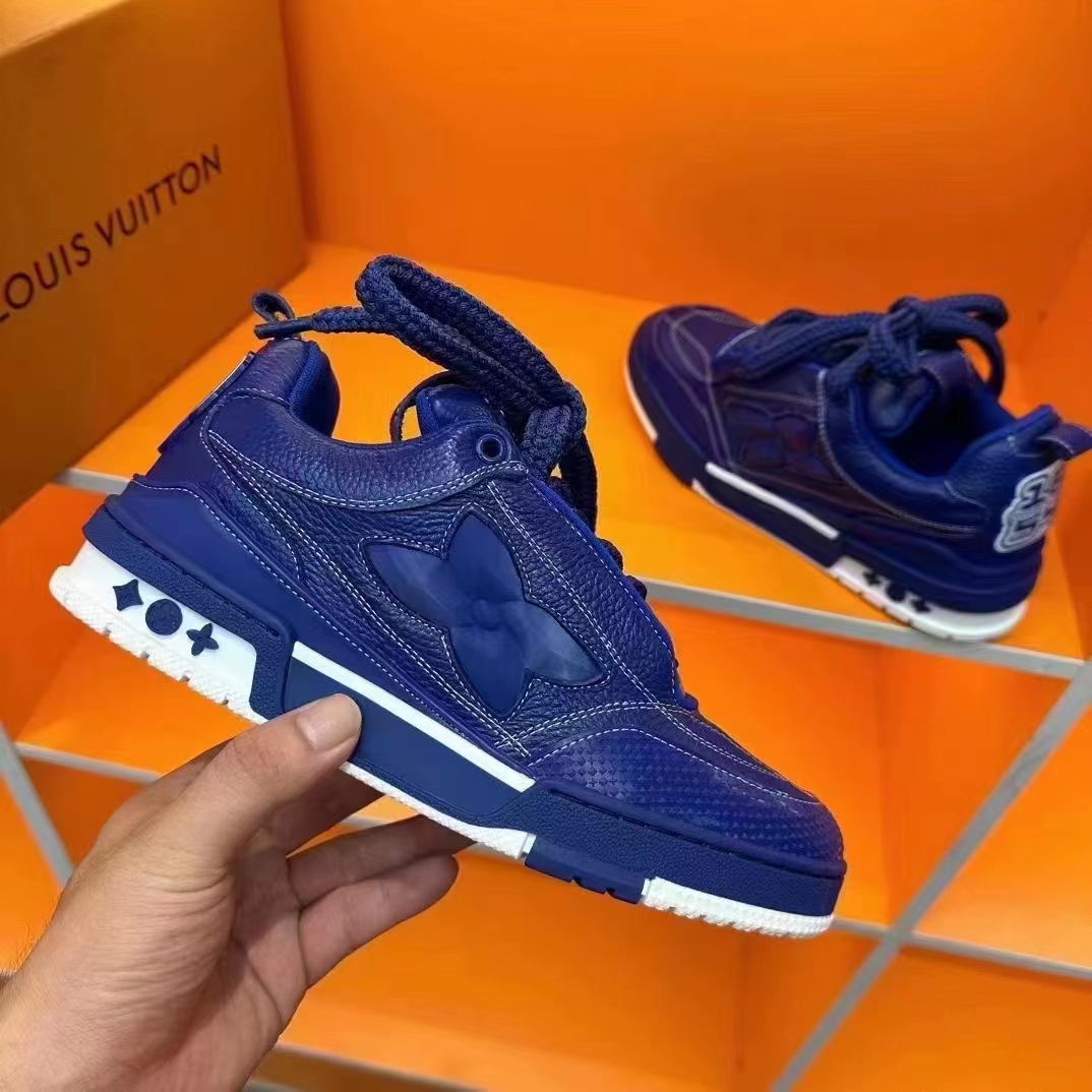 Louis Vuitton Unisex LV Skate Sneaker Blue Grained Calf Leather Double Laces Rubber Outsole