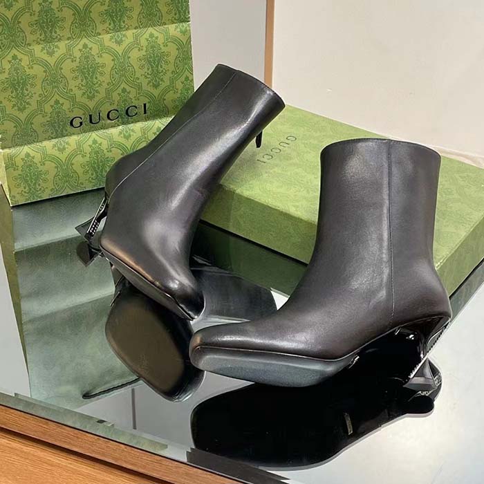 Gucci Women GG Ankle Boot Black Leather Geometric Heel Metal Inserts High-Heel
