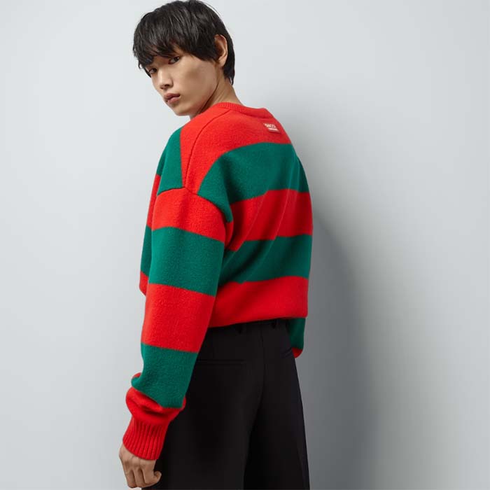 Gucci Men GG Felted Wool Striped Sweater V-Neck Dropped Shoulder Long Sleeves