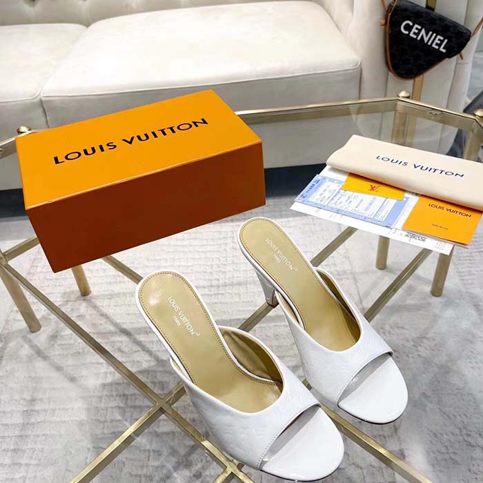 Louis Vuitton LV Women Super Mule White Monogram-Debossed Patent Calf Leather 10 CM Heel