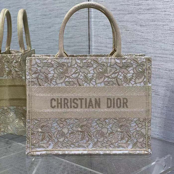 Dior Women CD Medium Dior Or Book Tote Gold-Tone D-Lace Embroidery Macramé Effect