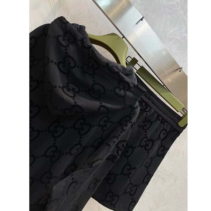 Gucci Men GG Brushed Cotton Hooded Sweatshirt Black Fixed Hood Dropped Shoulder Long Sleeves