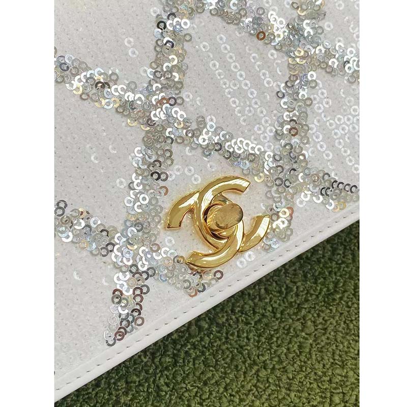 Chanel Women CC Wallet On Chain Embroidered Satin Sequins Gold-Tone Metal White Silver