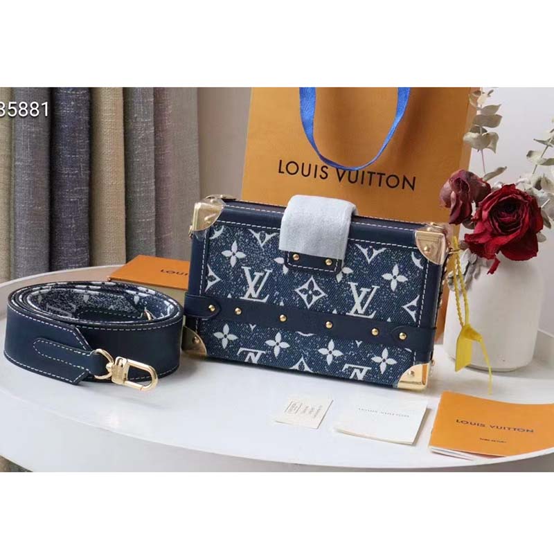 Louis Vuitton LV Unisex Petite Malle Box Handbag Blue Denim Monogram Canvas