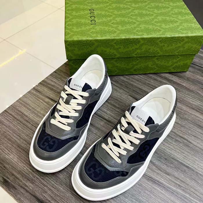 Gucci Unisex Lace-Up Sneaker Grey Leather Blue Black GG Canvas Mid 5.6 Cm Heel