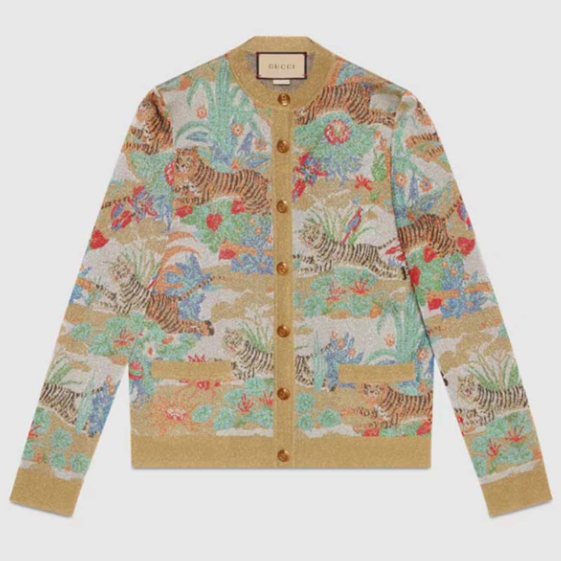 Gucci Women GG Tiger Jacquard Cardigan Gold Green Tiger Flower Extra Fine Lurex Crewneck