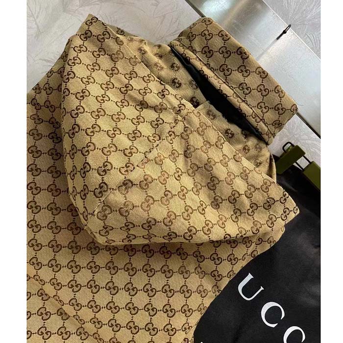 Gucci Men Canvas Padded Gilet GG Canvas Lined Concealed Hood High Neck Sleeveless