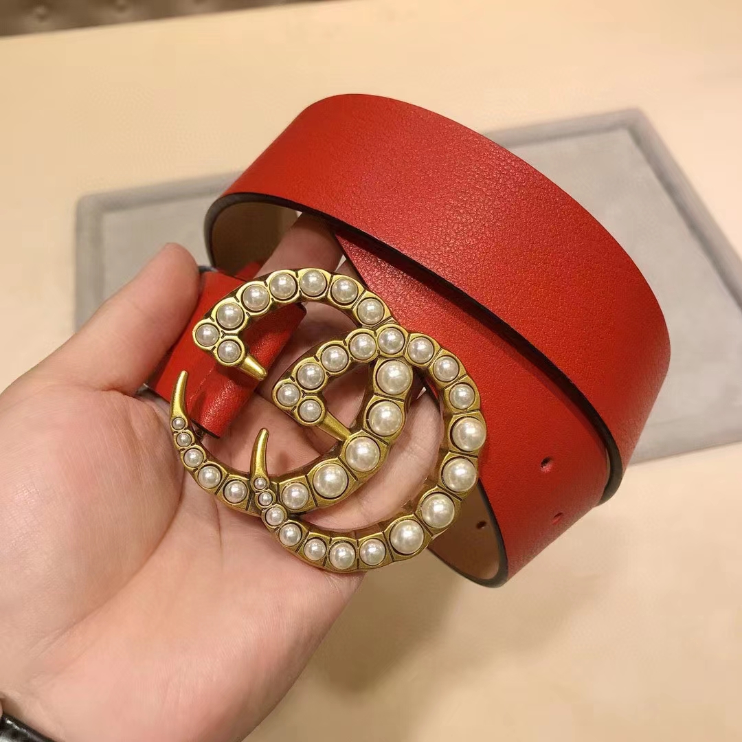 Gucci Unisex Leather Belt Pearl Double G Red 3.8 CM Width