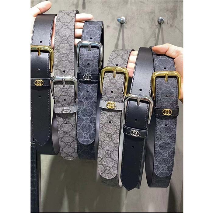 Gucci GG Unisex Belt Interlockig G Grey Black GG Supreme Canvas Leather Square Buckle