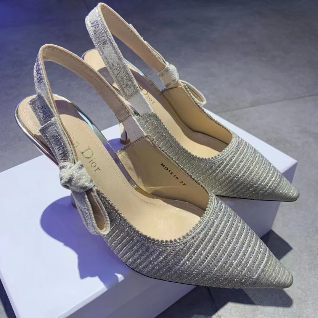 Dior Women CD J’Adior Slingback Pump White Cotton Embroidered Silver Tone Strass