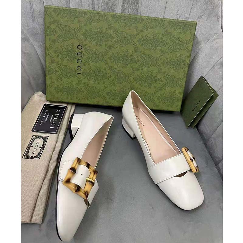 Gucci GG Women Ballet Flat with Bamboo Buckle White Leather