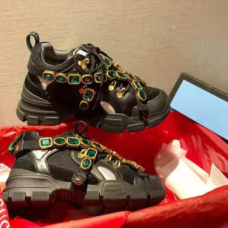 Gucci Unisex Flashtrek Sneaker with Removable Crystals in Black Leather 5.6 cm Heel