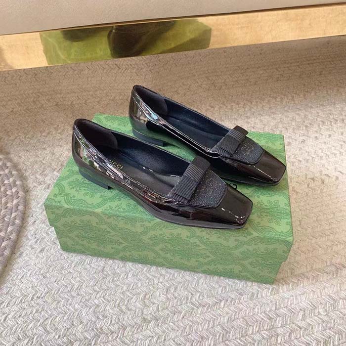 Gucci Women Ballet Flats GG Canvas Black Patent Leather Bow Sole Square Toe