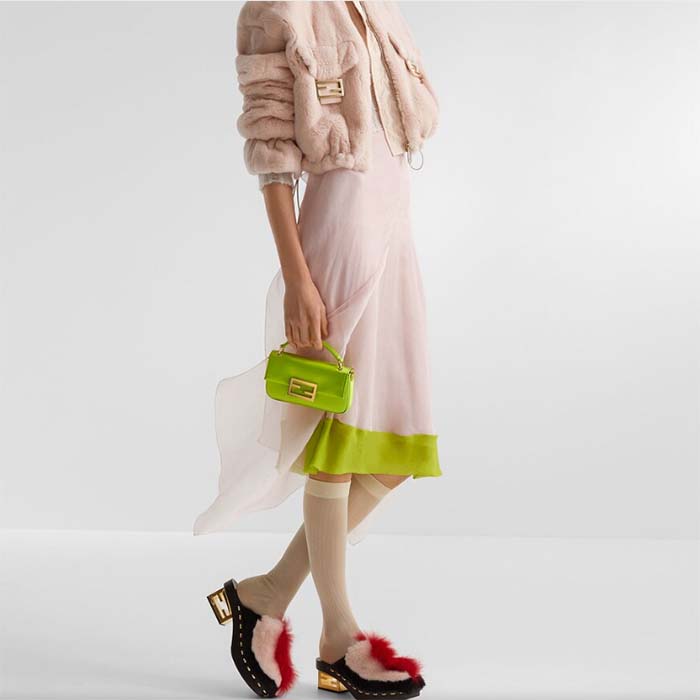 Fendi Women FF Baguette Phone Pouch Acid Green Silk Pouch