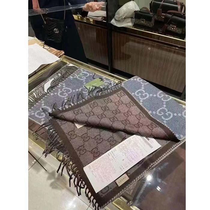 Gucci Unisex GG Jacquard Knit Scarf Tassels Navy Brown Wool