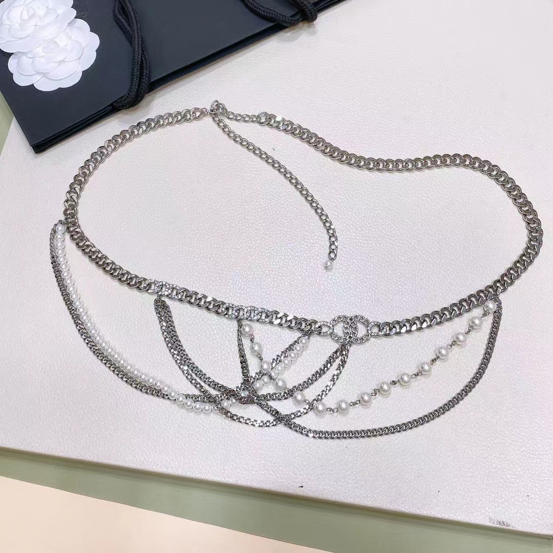 Chanel Women CC Chain Belt Metal Resin Glass Pearls Strass Silver Pearly White Crystal
