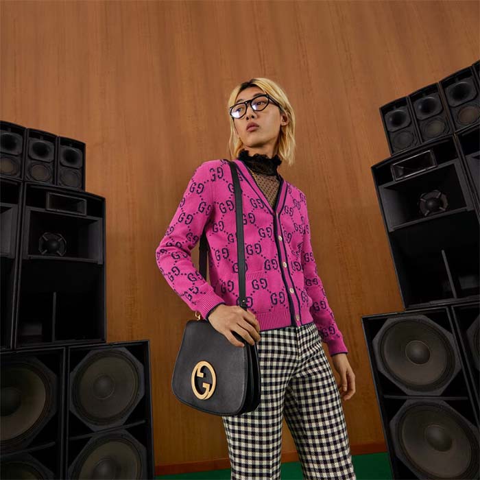 Gucci Women GG Blondie Medium Bag Black Leather Round Interlocking G