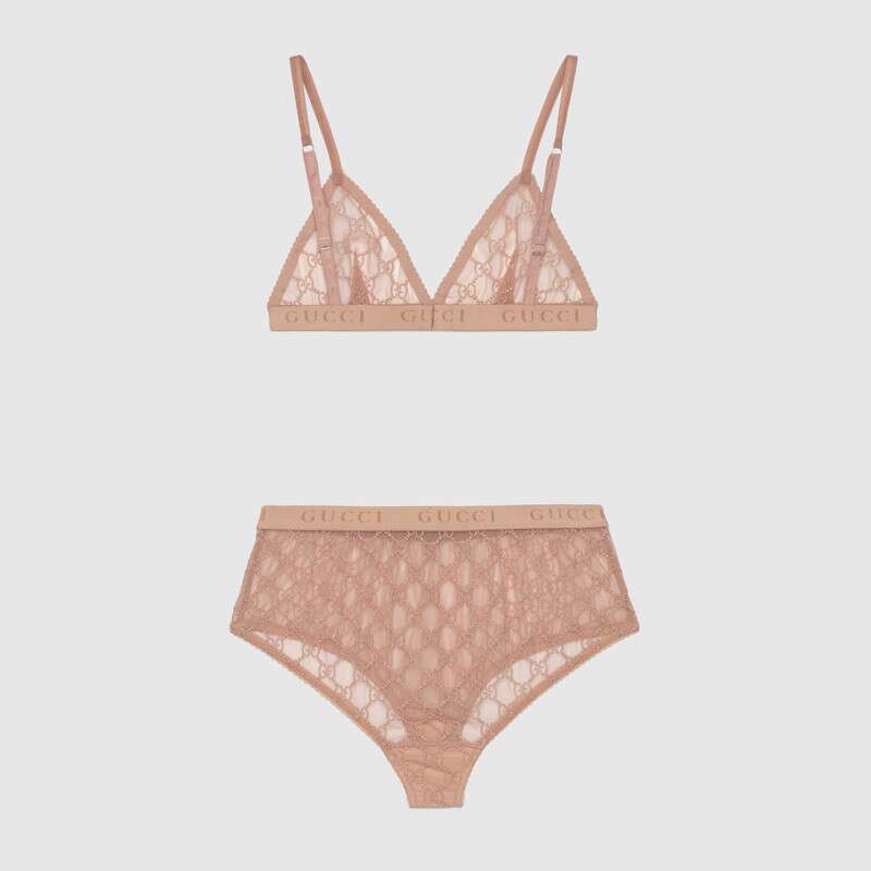 Gucci GG Tulle Lingerie Set GG Embroidered Tulle Cotton-Sandy