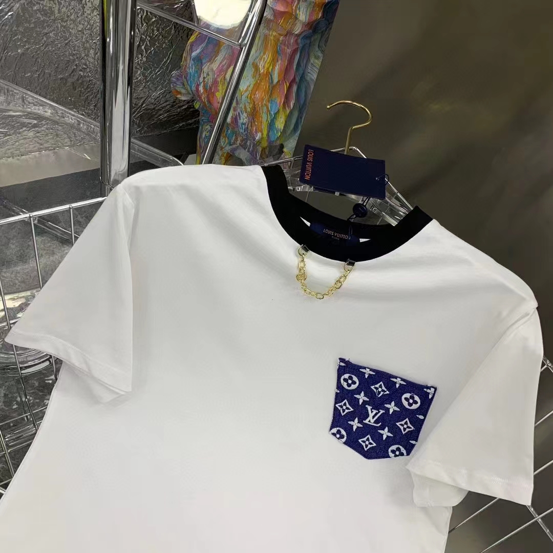 Louis Vuitton Women Monogram Pocket T-Shirt Cotton White Monogram Jacquard Denim LV Golden Chain