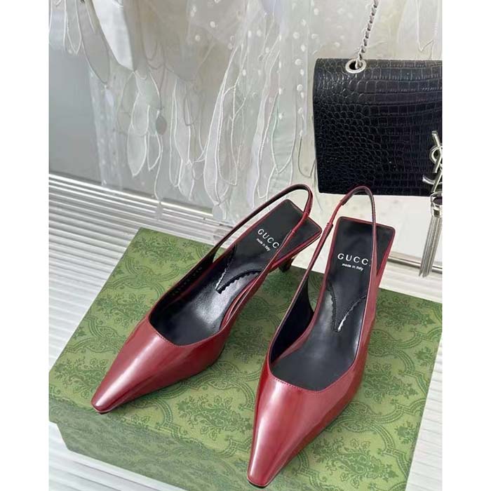 Gucci Women GG Slingback Pump Dark Red Leather Interlocking G Square Upper Mid-Heel