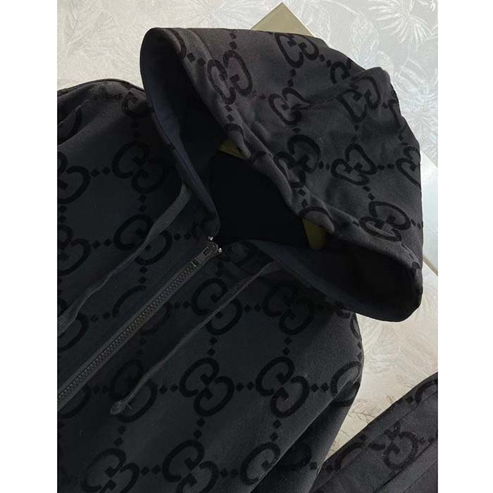 Gucci Women GG Brushed Cotton Hooded Sweatshirt Black Fixed Hood Dropped Shoulder Long Sleeves