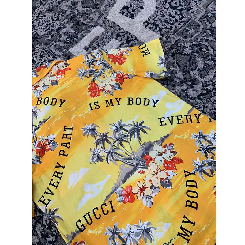 Gucci GG Men Printed Cotton Bowling Shirt Yellow Red Poplin Short Sleeves