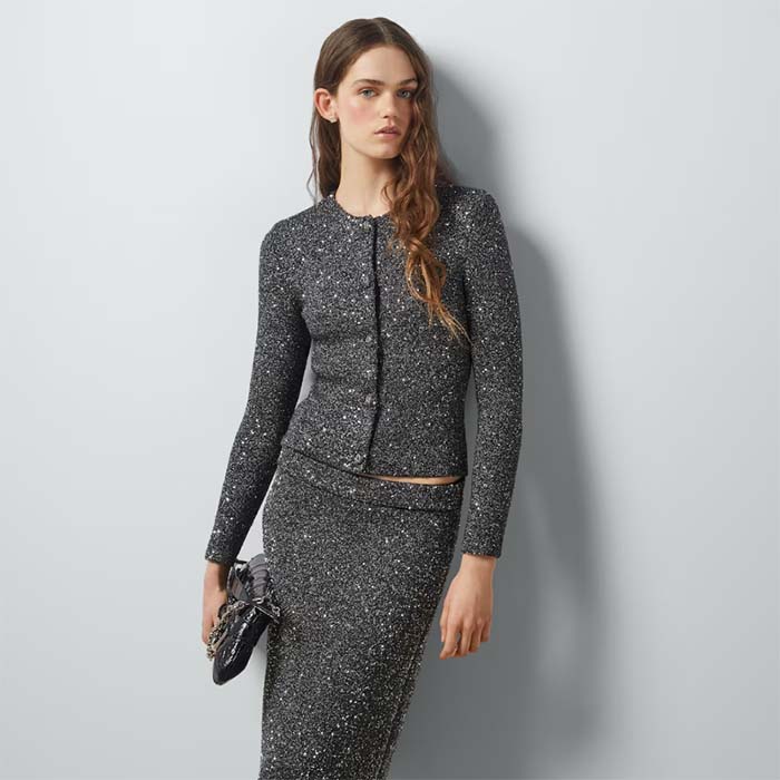 Gucci Women GG Viscose Knit Cardigan Blend Sequin Embroidery Silver Crewneck Long Sleeves