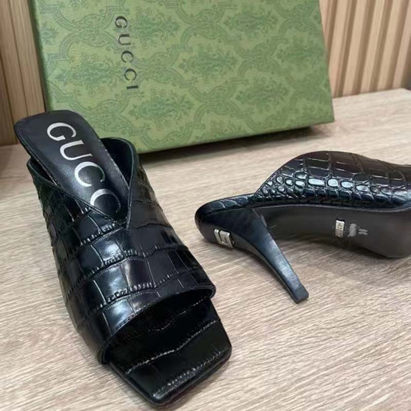 Gucci Women GG Crocodile Print Pump Black Square Toe Mid Heel