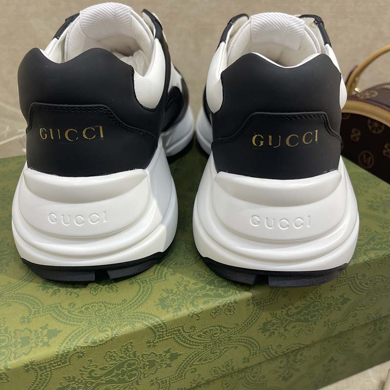 Gucci Unisex GG Rhyton Sneaker Black White Leather Rubber Sole 5 Cm Low Heel